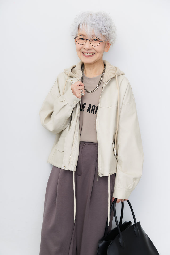 [SET]ニットフードドッキング フェイクレザーブルゾン+ダンボール タックデザインパンツ(2set)