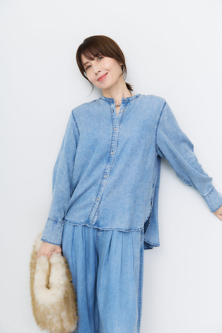 [SET]パウダーシルクデニムブラウス+パウダーシルクデニムワイドパンツ(2set)