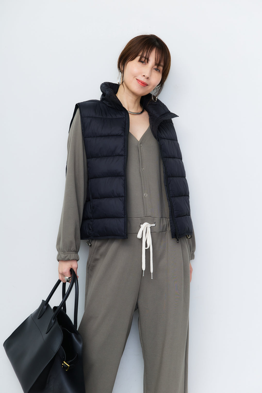[SET]スウェット長袖Vネックオールインワン+ハイネック中綿ベスト(2set)