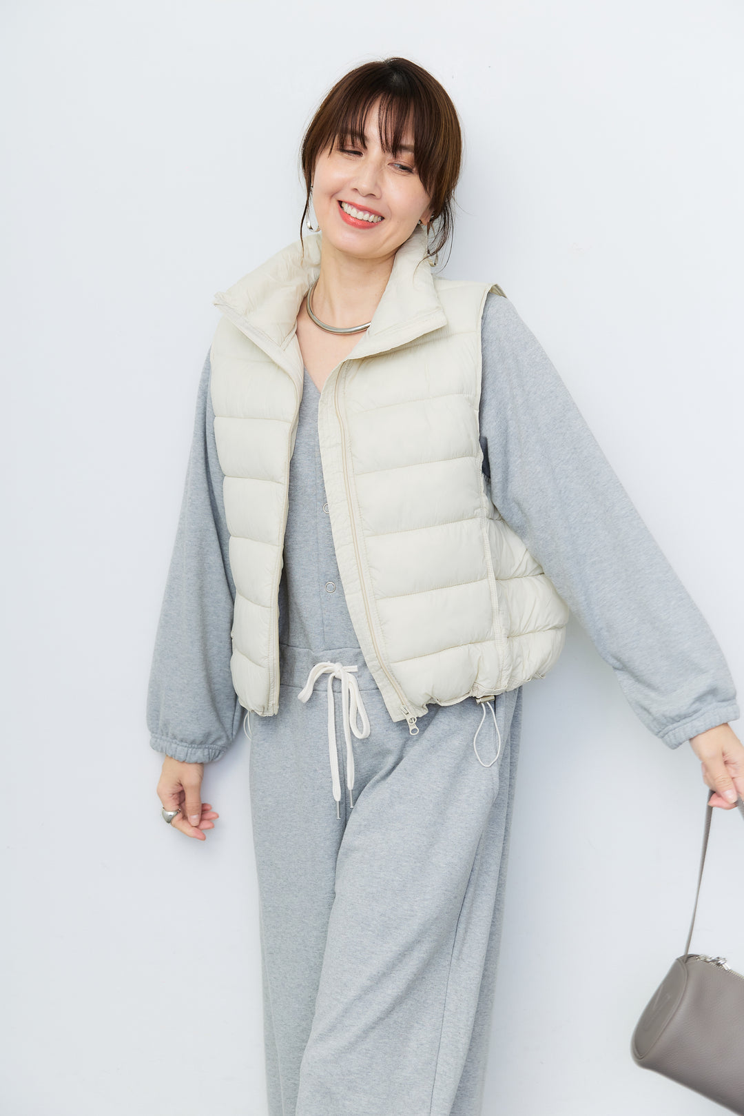 [SET]スウェット長袖Vネックオールインワン+ハイネック中綿ベスト(2set)