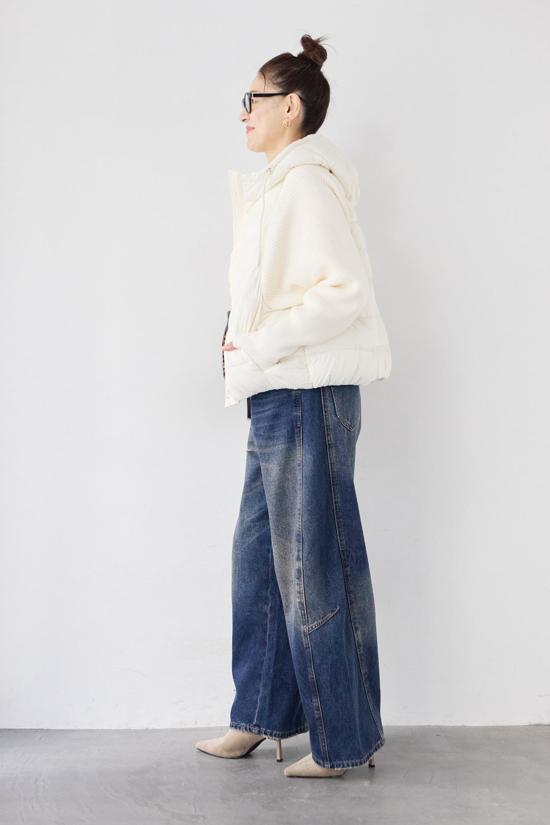 [SET]スリーブニット中綿ジャケット+モックネックロングカフスニット(2set)