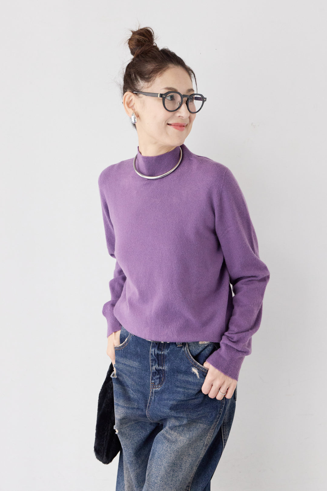 モックネックロングカフスニット