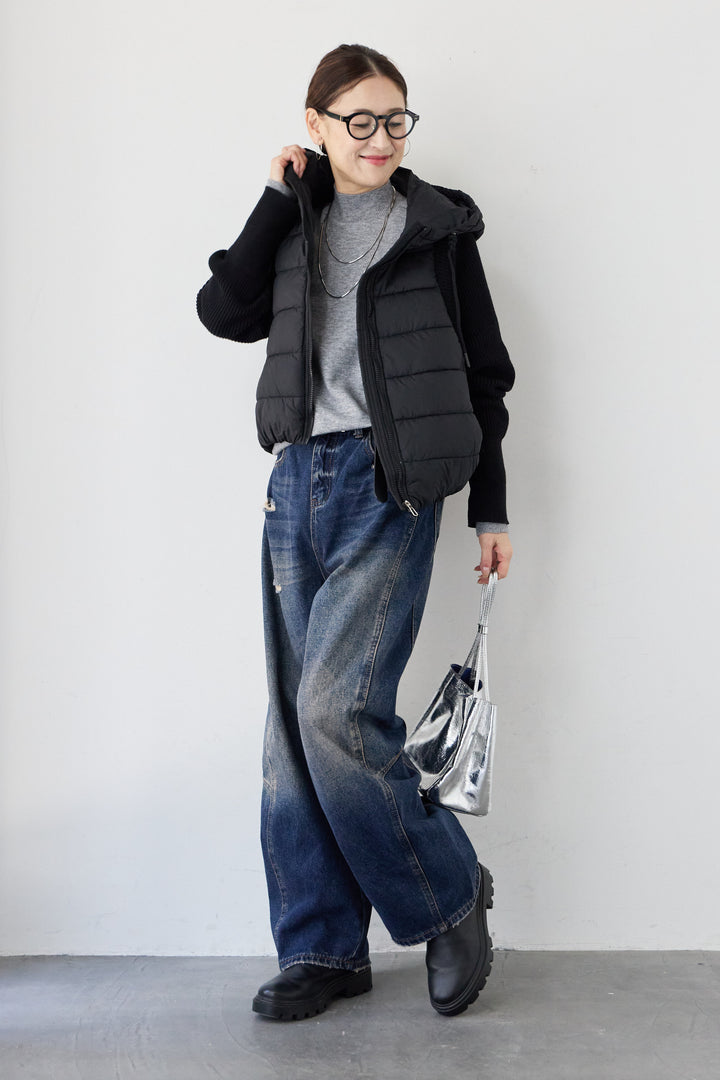 [SET]スリーブニット中綿ジャケット+モックネックロングカフスニット(2set)