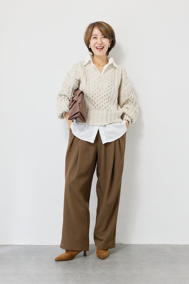 [SET]シャツレイヤード風ケーブル編みニット+アシンメトリーウエストタックパンツ(2set)