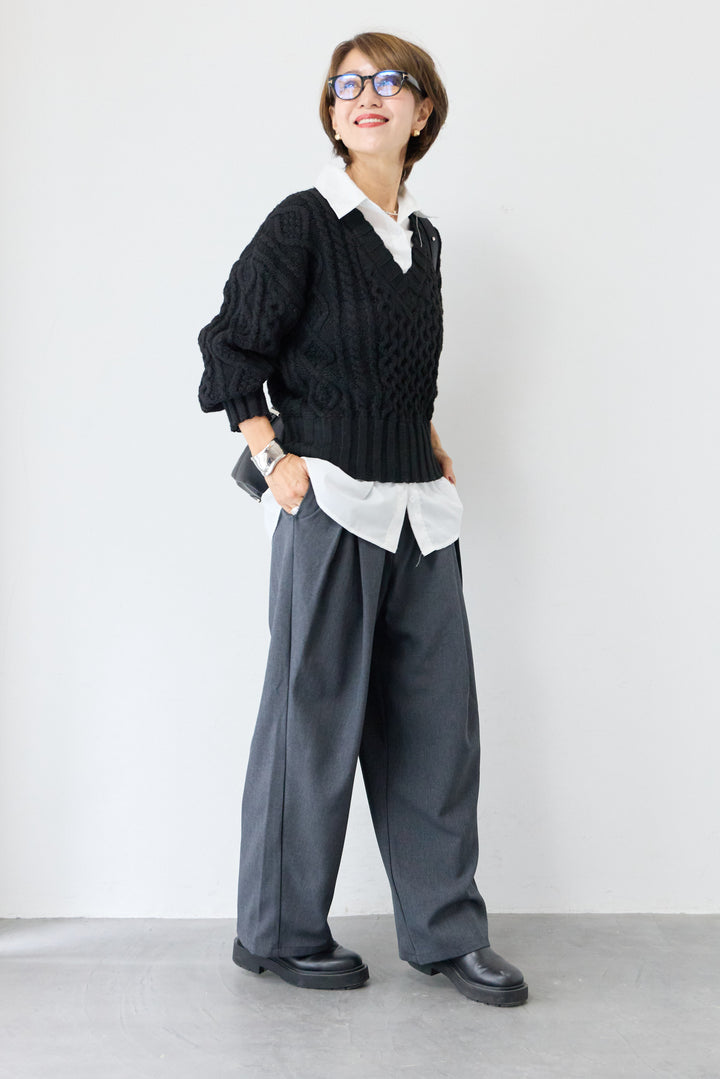 [SET]シャツレイヤード風ケーブル編みニット+アシンメトリーウエストタックパンツ(2set)