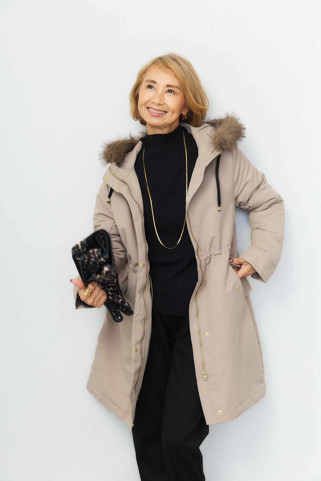 ファーフード ドローストリングロングコート