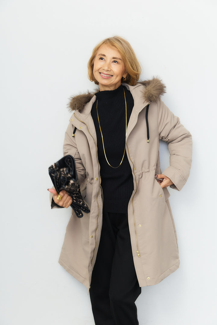 ファーフード ドローストリングロングコート