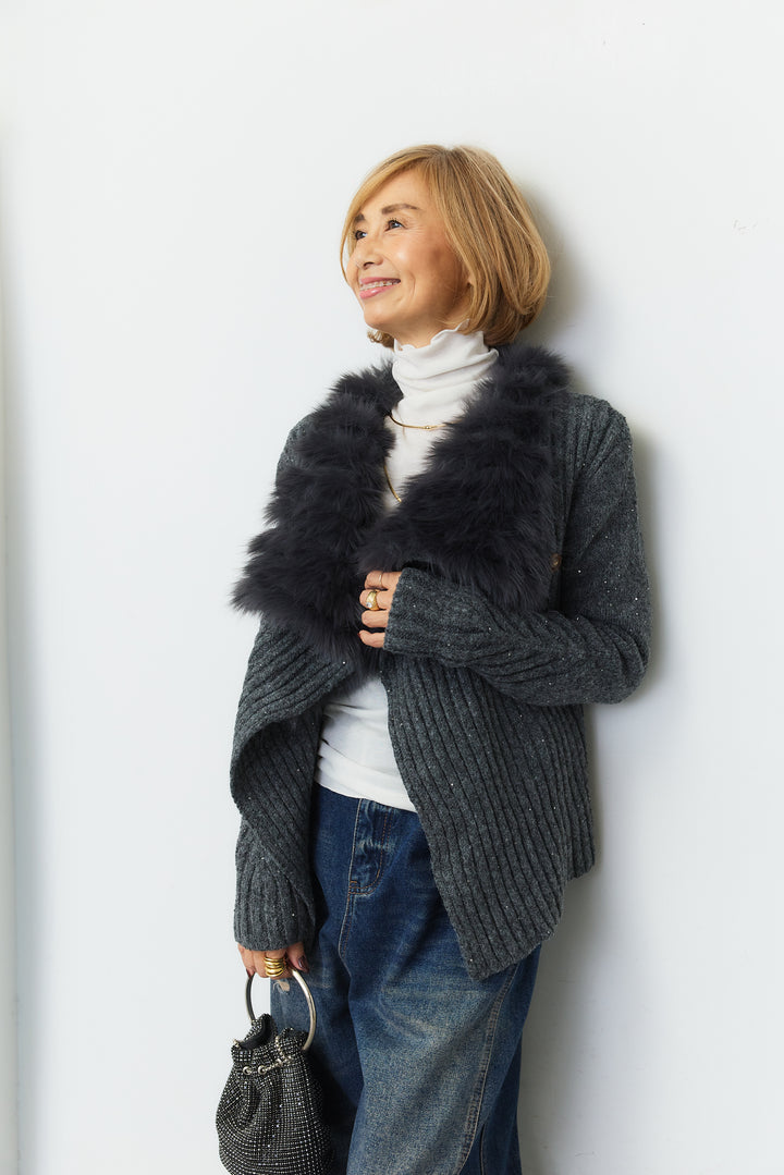 エコファーアシンメトリーニットカーディガン