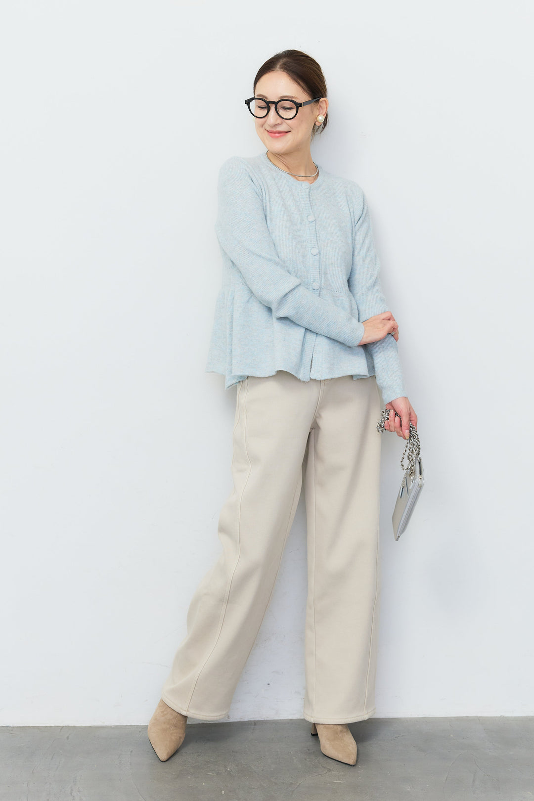 [SET]7Gペプラムニットカーディガン+裏起毛ウォームストレートデニムパンツ(2set)
