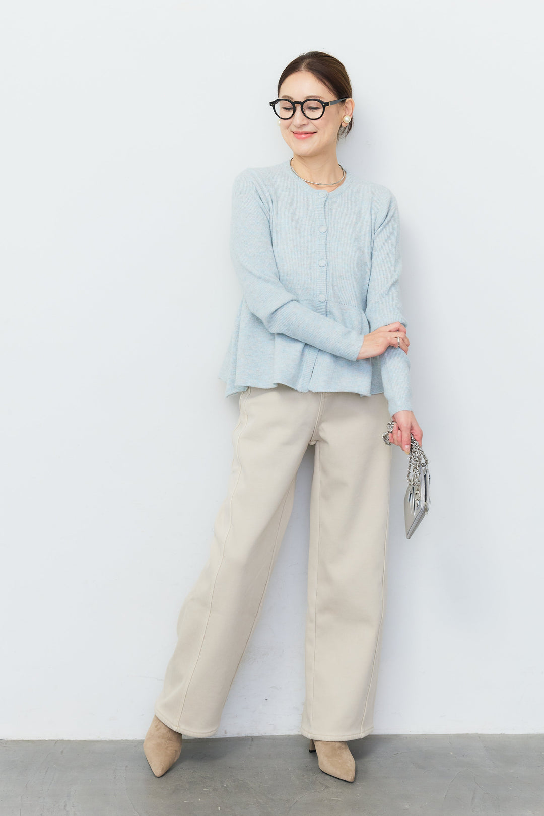 [SET]7Gペプラムニットカーディガン+裏起毛ウォームストレートデニムパンツ(2set)