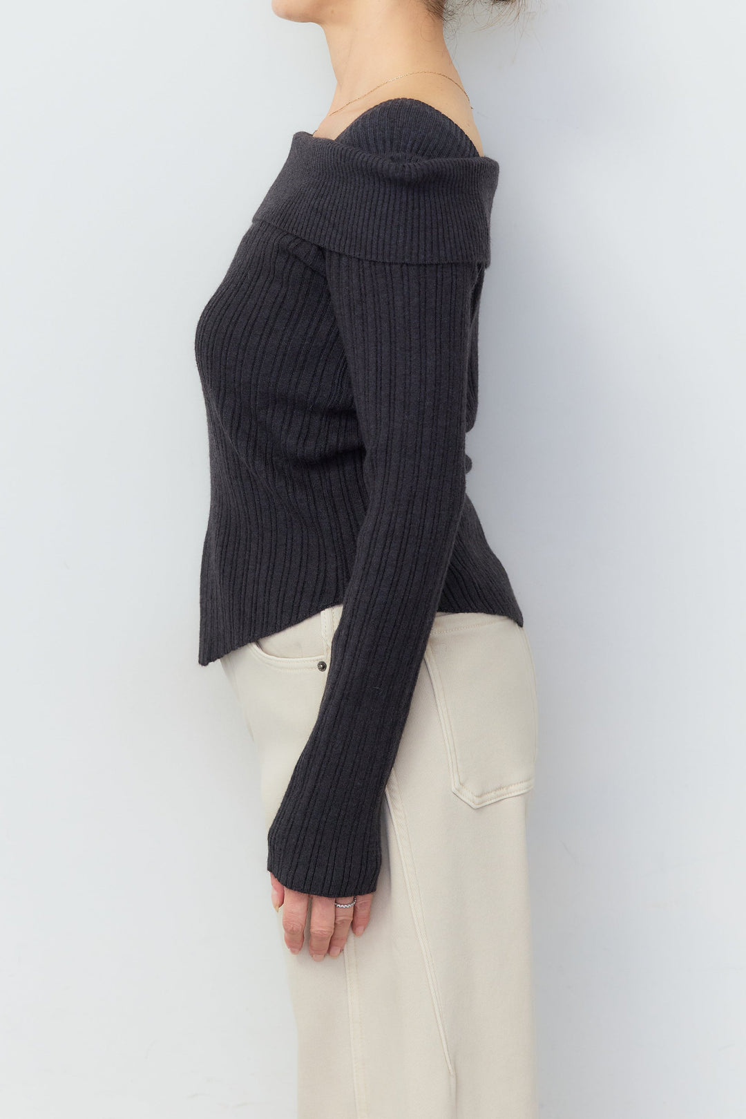[SET]オフショルダー リブニットトップス+裏起毛ウォームストレートデニムパンツ(2set)