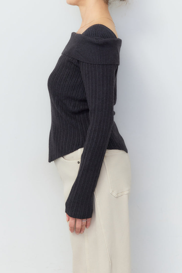 [SET]オフショルダー リブニットトップス+裏起毛ウォームストレートデニムパンツ(2set)