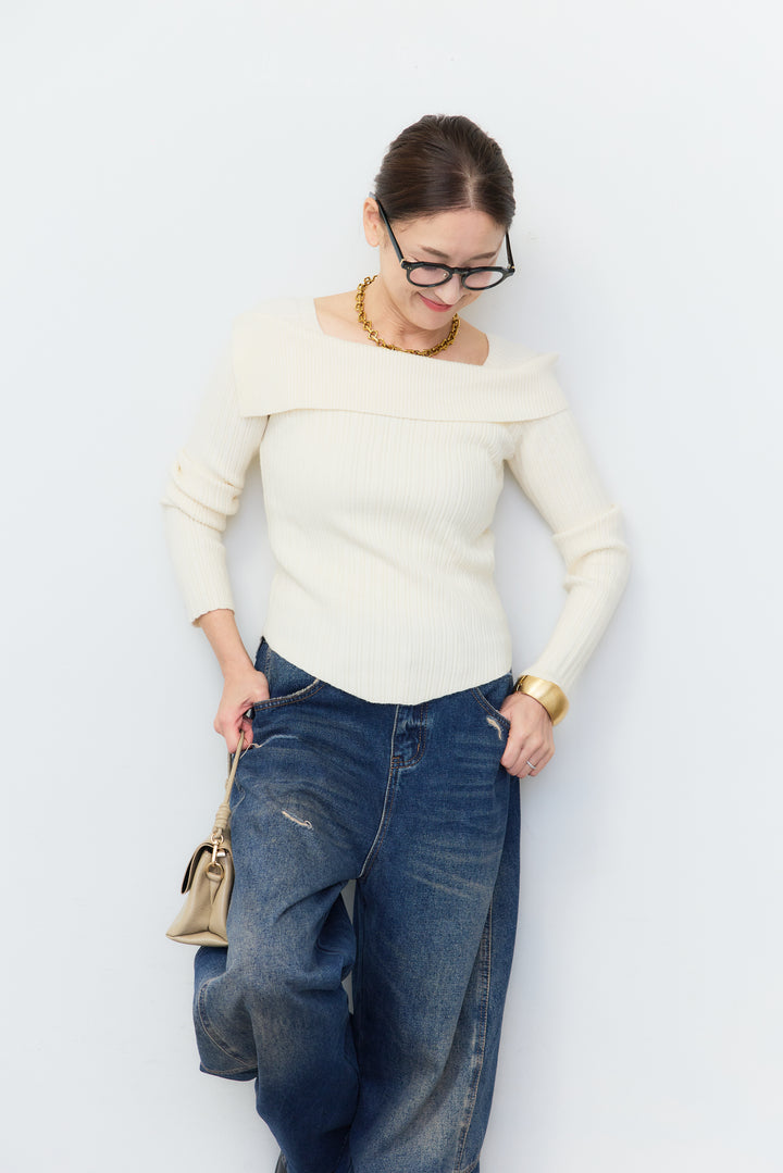 [SET]オフショルダー リブニットトップス+裏起毛ウォームストレートデニムパンツ(2set)
