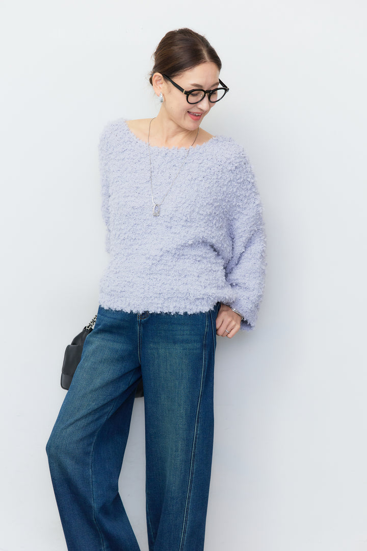 [SET]ふんわりカーリーヤーン ボリュームスリーブニット+裏起毛ウォームストレートデニムパンツ(2set)