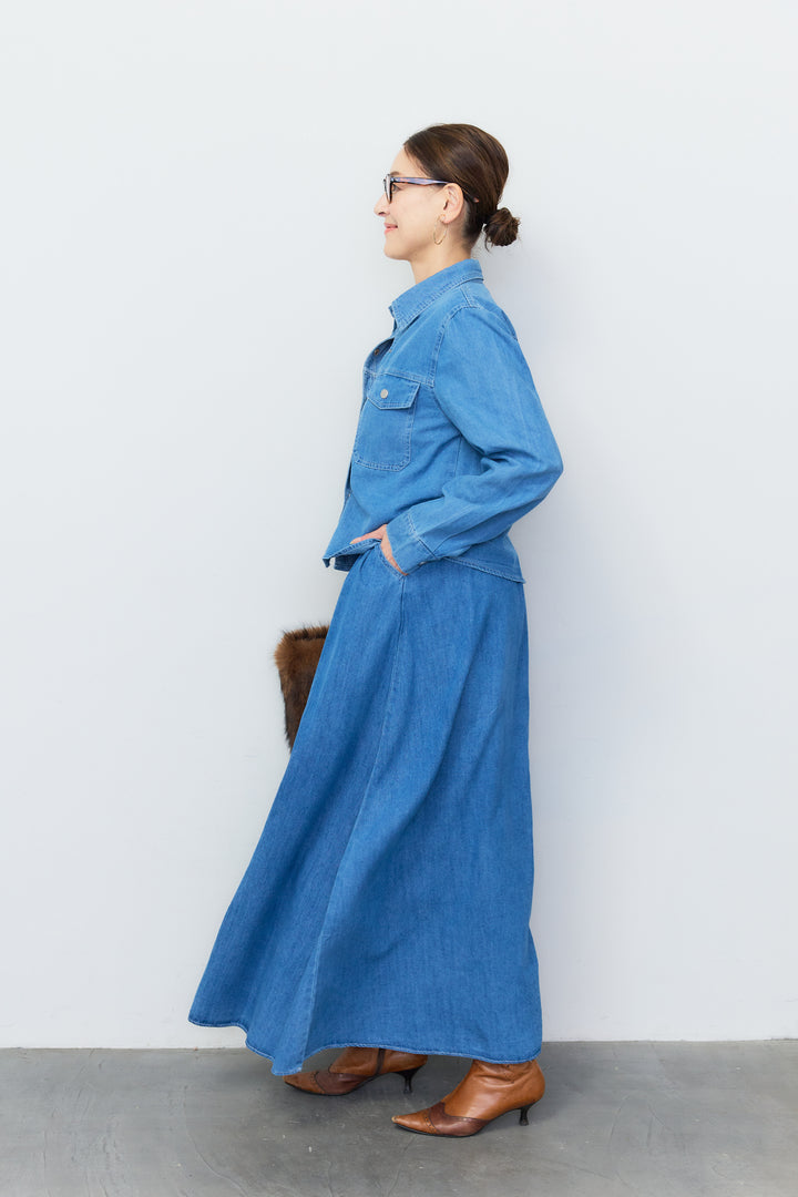 【2SET】デニムシャツ＆フレアロングスカートセットアップ