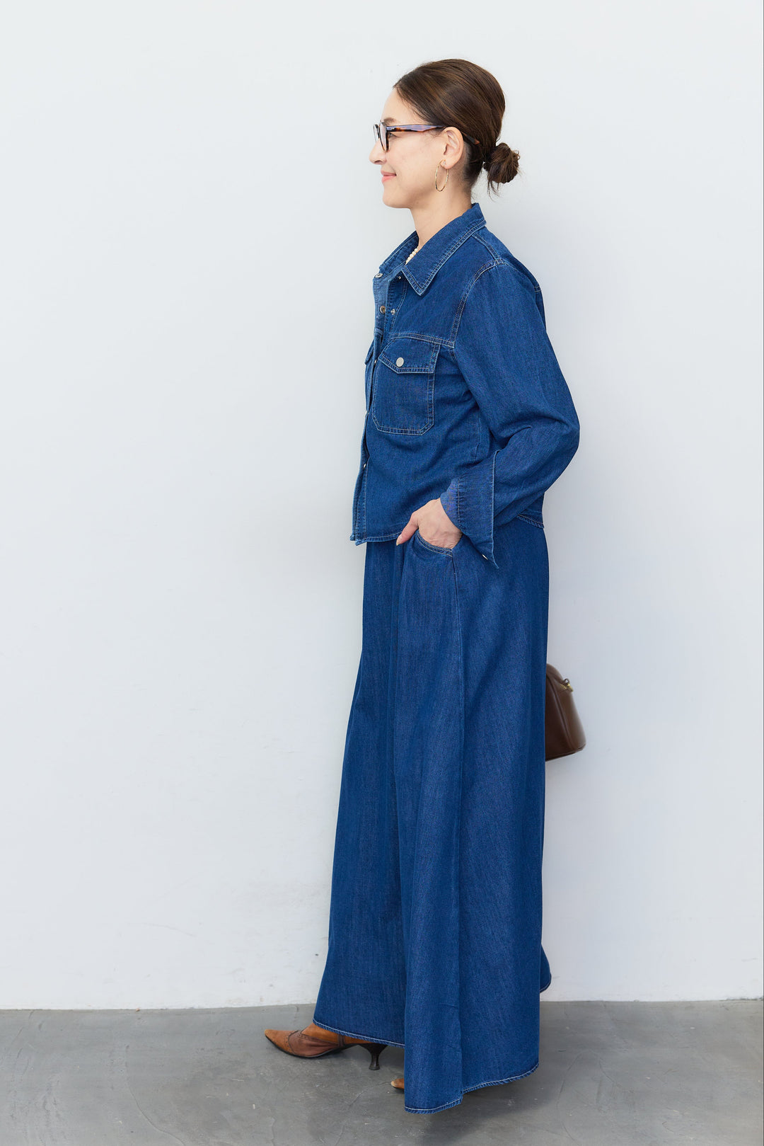 【2SET】デニムシャツ＆フレアロングスカートセットアップ