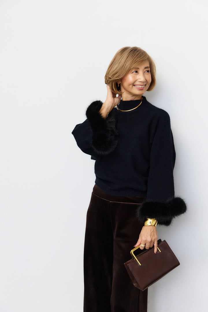 [SET]ファーカフス ハイネックニット+ベロアドロスト ストレートワイドパンツ(2set)
