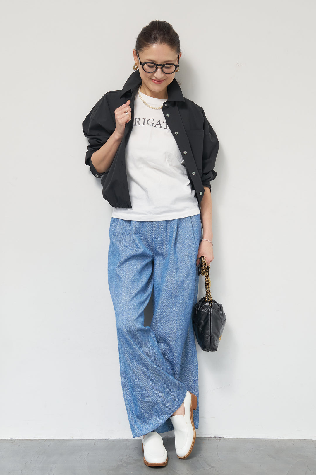 [SET]裾ドロストクロップドシャツ+デニムライクヘリンボーンパンツ(2set)