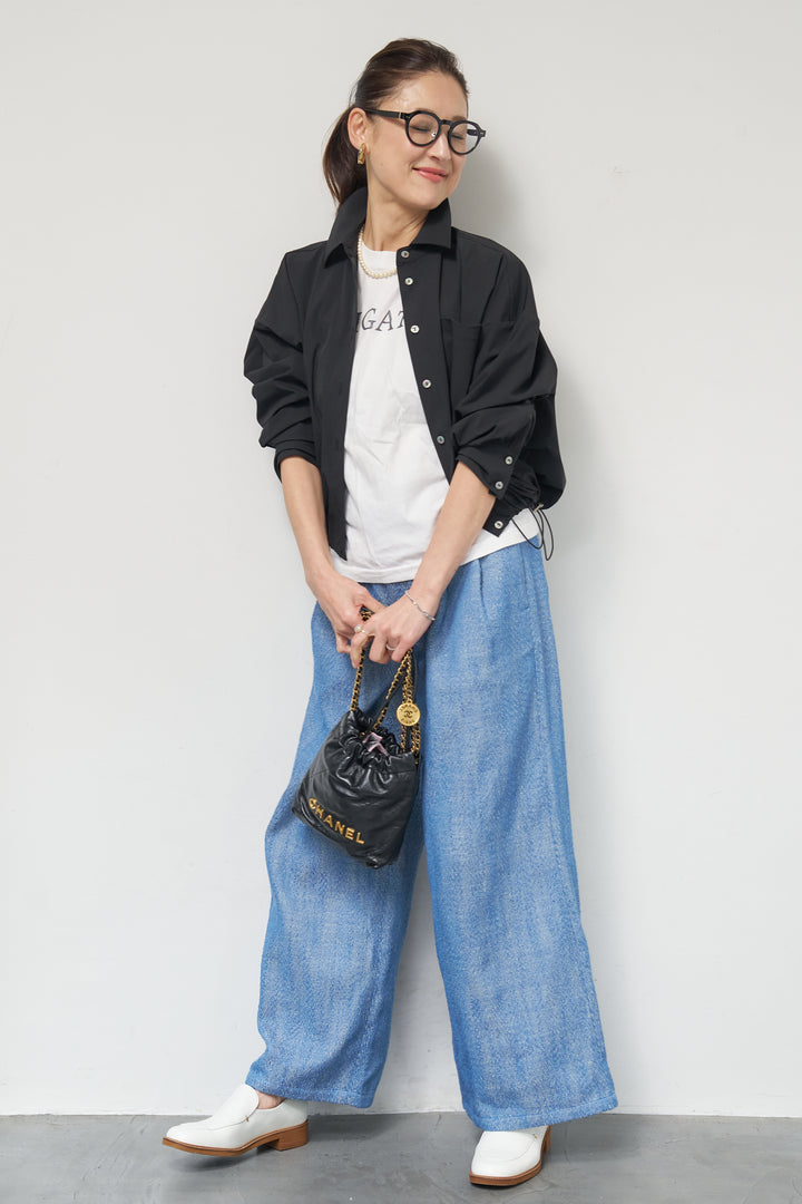 [SET]裾ドロストクロップドシャツ+デニムライクヘリンボーンパンツ(2set)