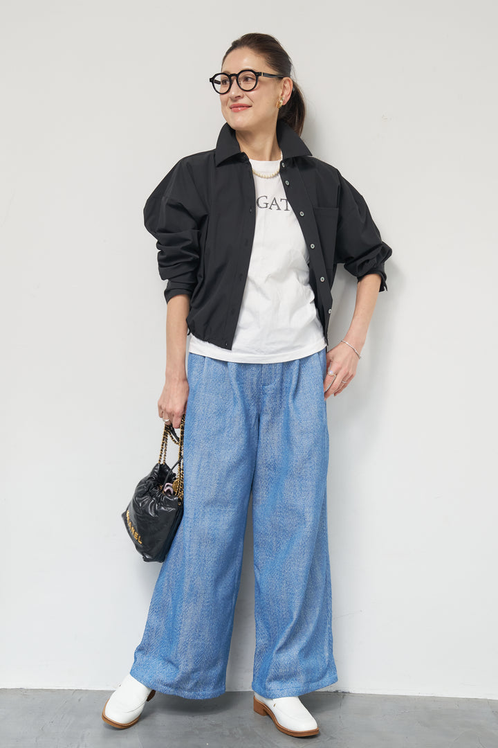 [SET]裾ドロストクロップドシャツ+デニムライクヘリンボーンパンツ(2set)