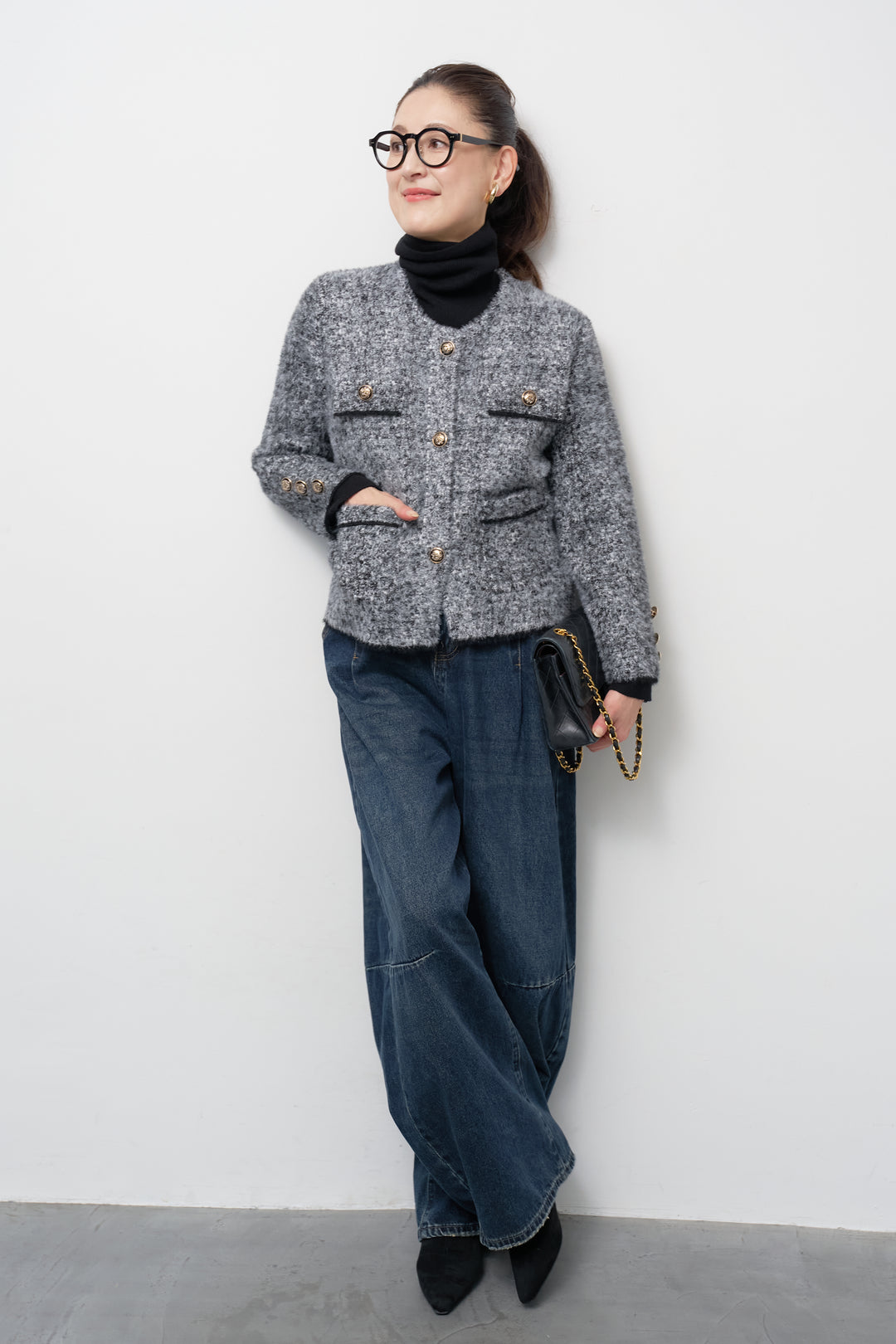 [SET]ミックスヤーン クラシックニットジャケット+カーブデニムパンツ(2set)