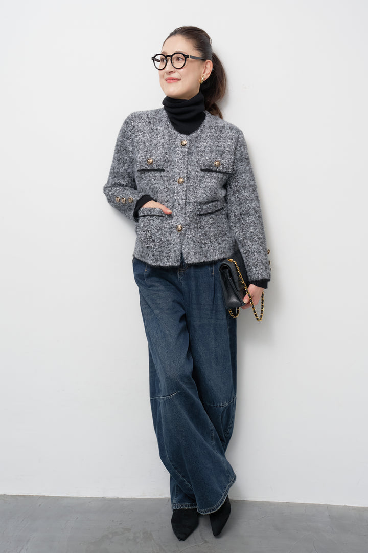 [SET]ミックスヤーン クラシックニットジャケット+カーブデニムパンツ(2set)