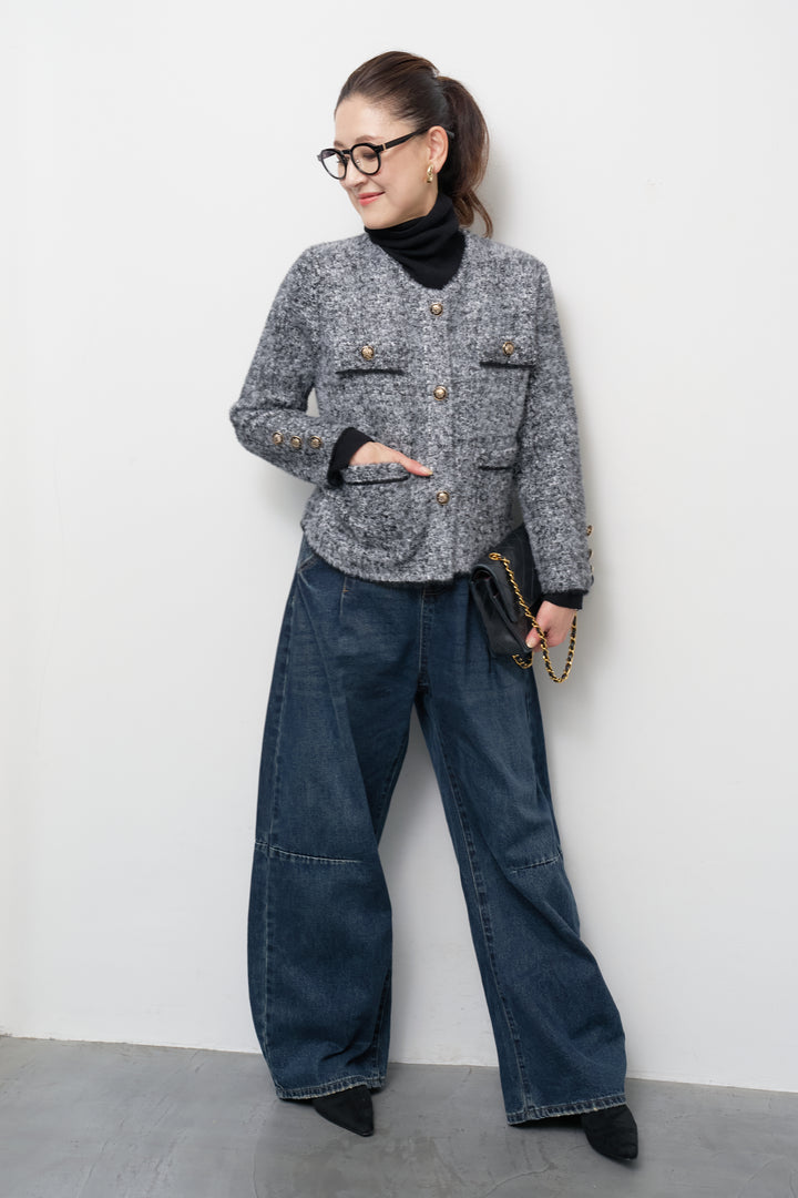 [SET]ミックスヤーン クラシックニットジャケット+カーブデニムパンツ(2set)