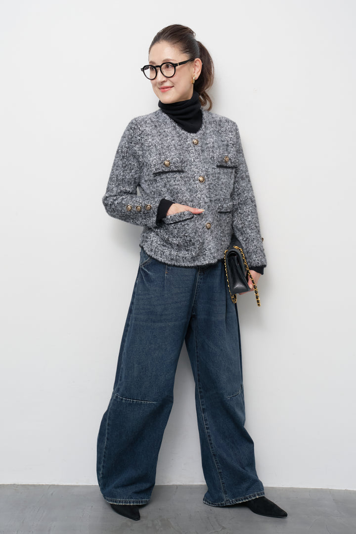 [SET]ミックスヤーン クラシックニットジャケット+カーブデニムパンツ(2set)