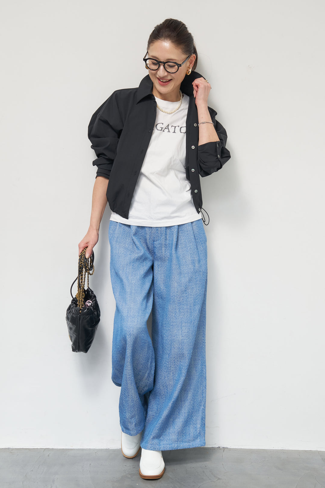 [SET]裾ドロストクロップドシャツ+デニムライクヘリンボーンパンツ(2set)