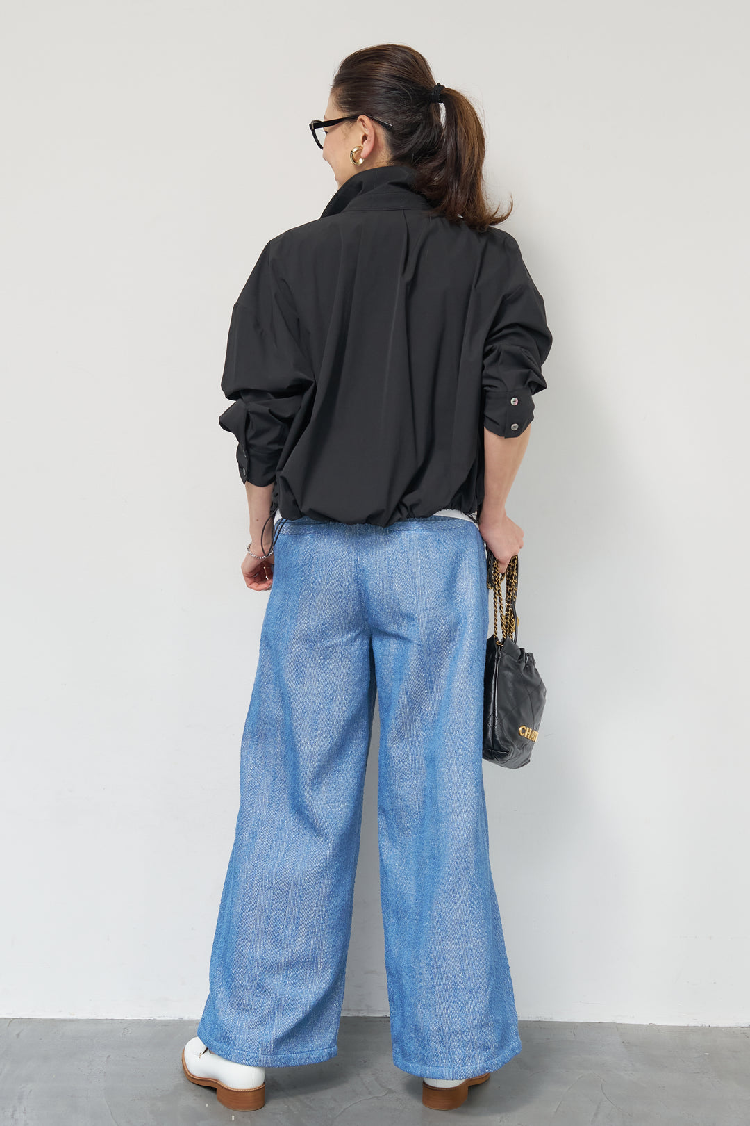 [SET]裾ドロストクロップドシャツ+デニムライクヘリンボーンパンツ(2set)