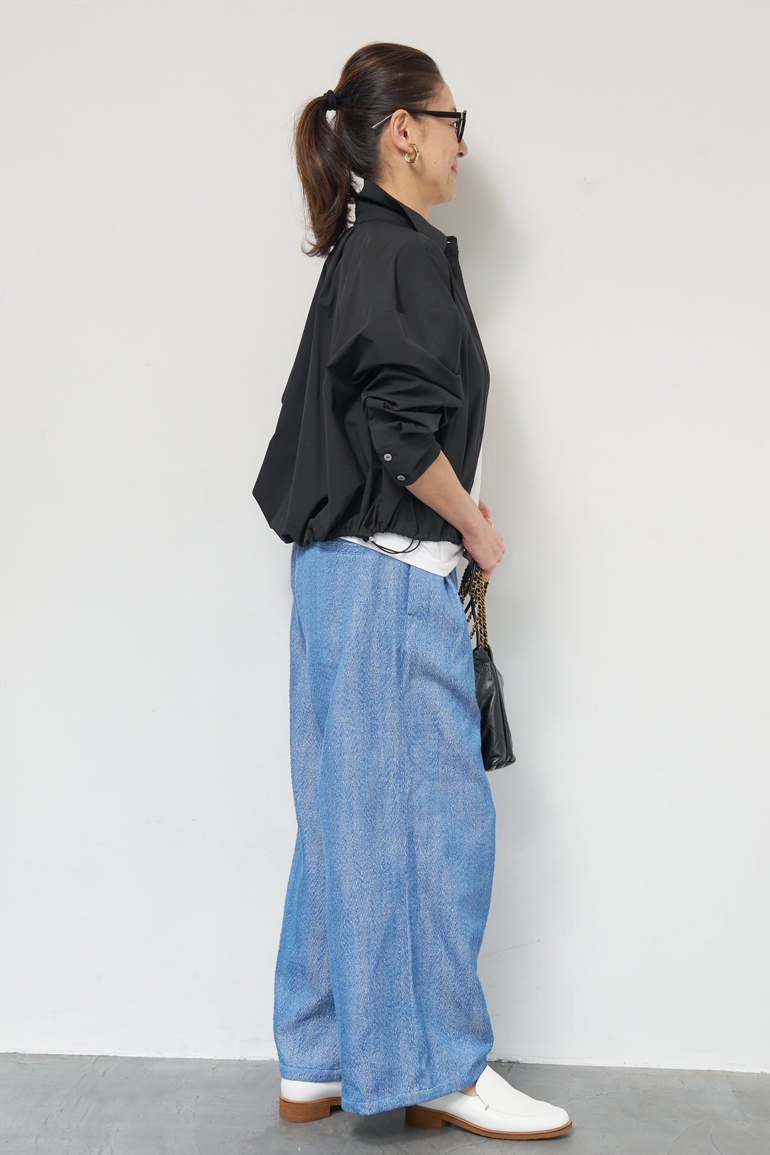 [SET]裾ドロストクロップドシャツ+デニムライクヘリンボーンパンツ(2set)