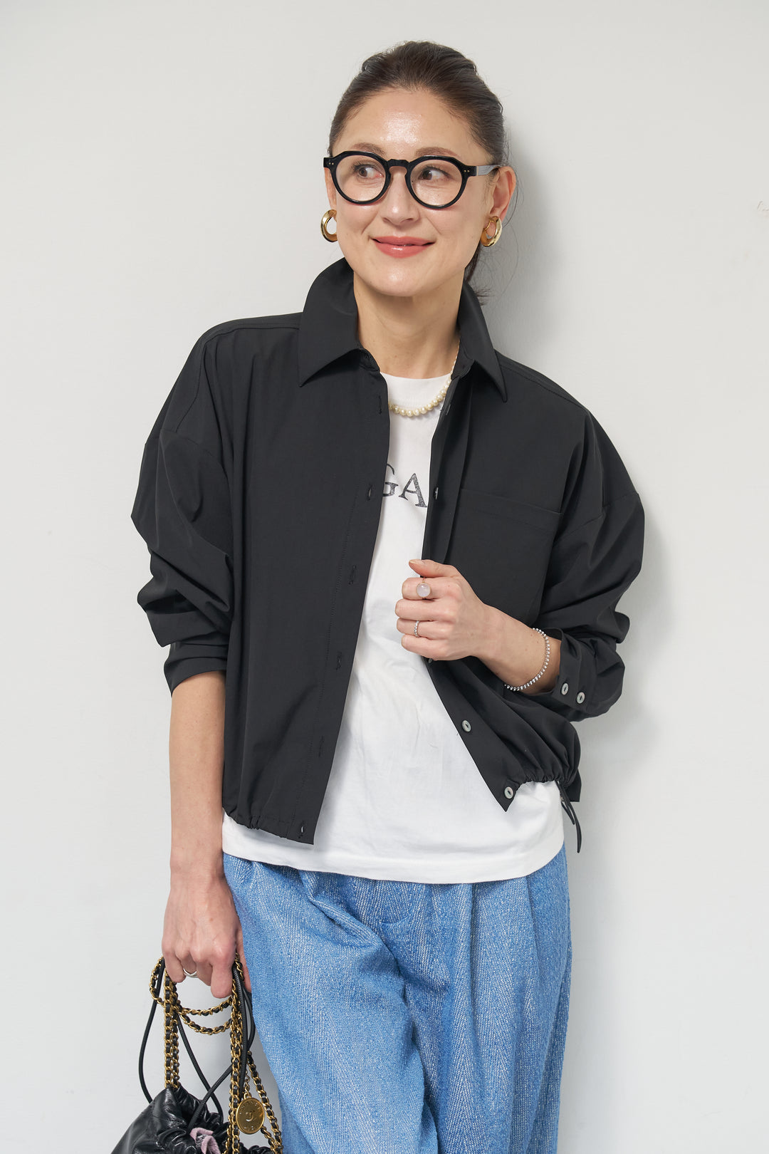 [SET]裾ドロストクロップドシャツ+デニムライクヘリンボーンパンツ(2set)