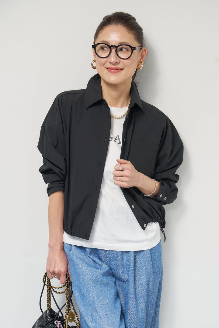 [SET]裾ドロストクロップドシャツ+デニムライクヘリンボーンパンツ(2set)