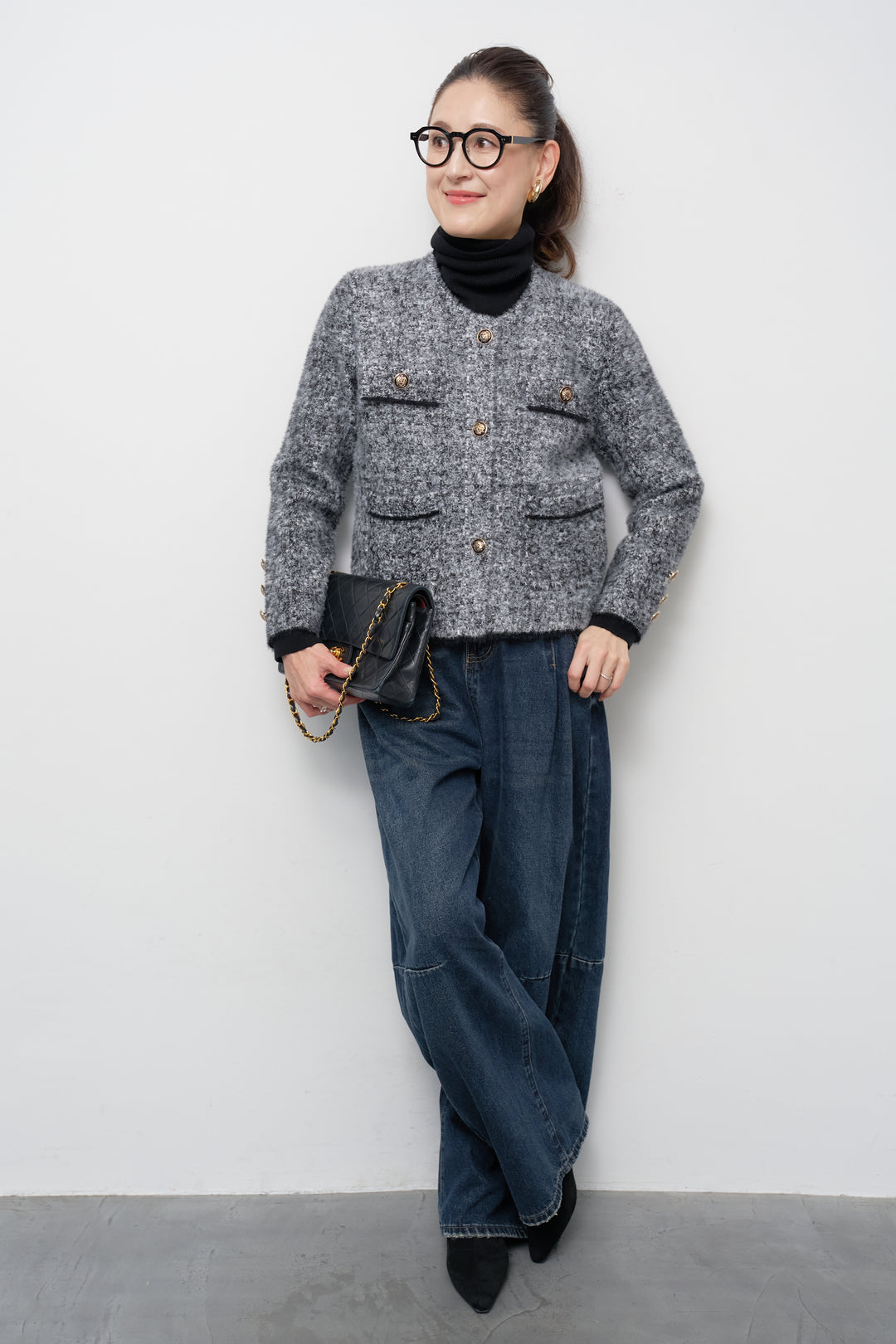 [SET]ミックスヤーン クラシックニットジャケット+カーブデニムパンツ(2set)