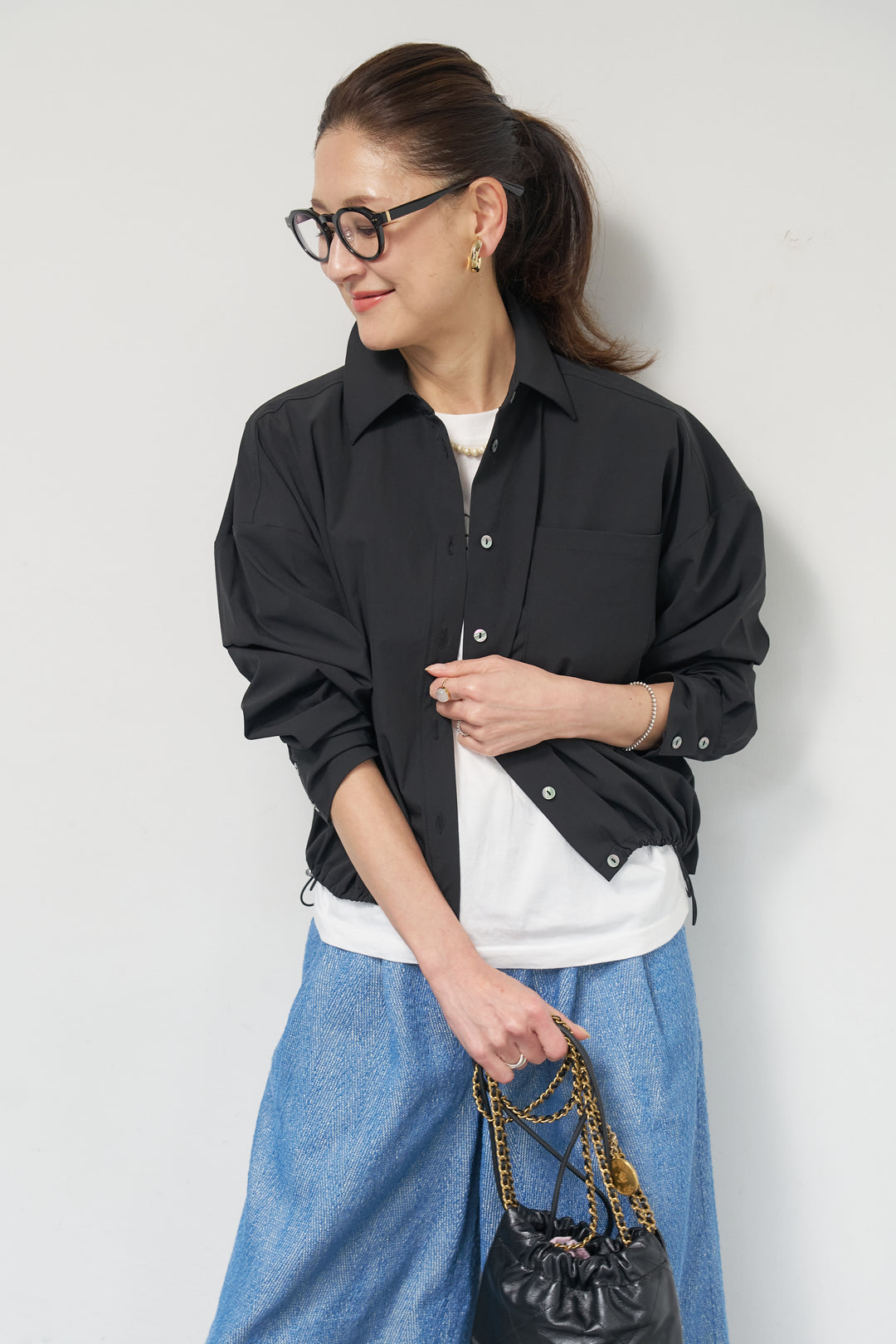 [SET]裾ドロストクロップドシャツ+デニムライクヘリンボーンパンツ(2set)