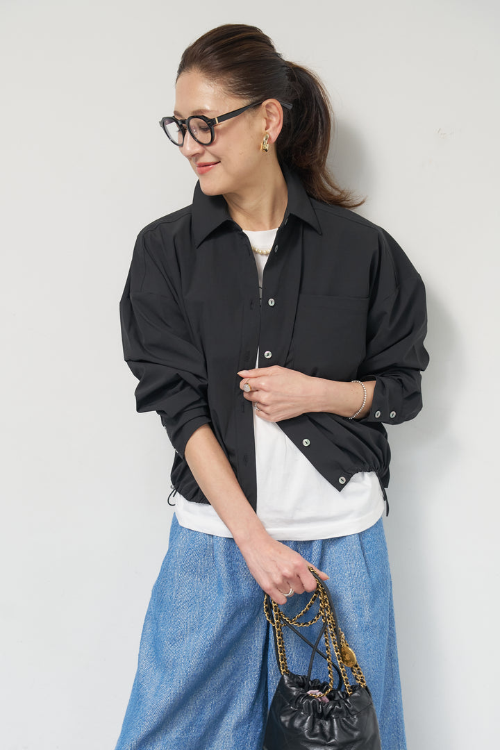 [SET]裾ドロストクロップドシャツ+デニムライクヘリンボーンパンツ(2set)