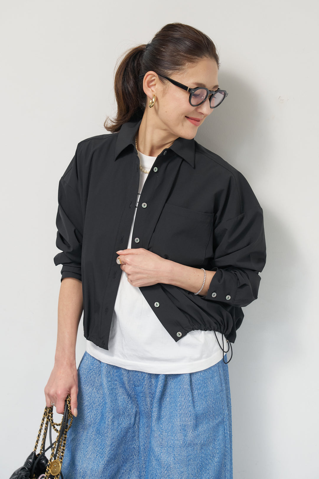 [SET]裾ドロストクロップドシャツ+デニムライクヘリンボーンパンツ(2set)