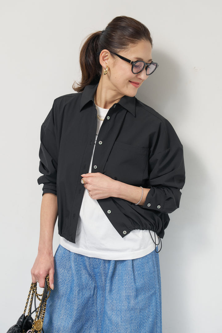 [SET]裾ドロストクロップドシャツ+デニムライクヘリンボーンパンツ(2set)