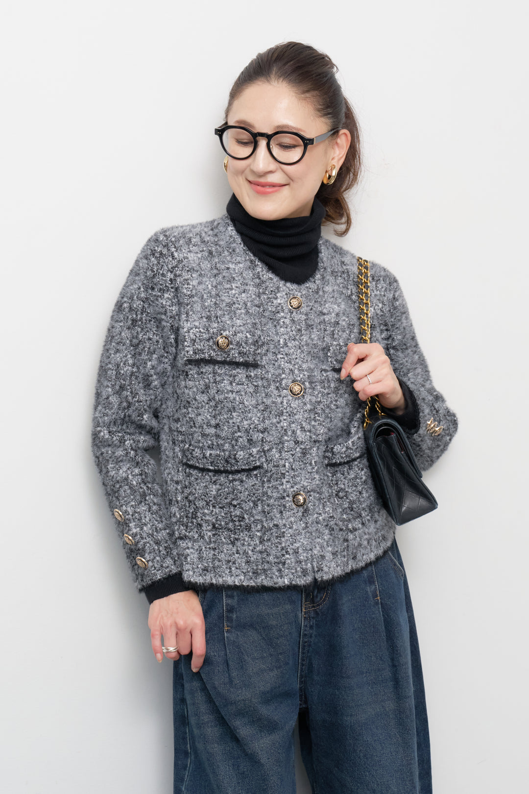 [SET]ミックスヤーン クラシックニットジャケット+カーブデニムパンツ(2set)