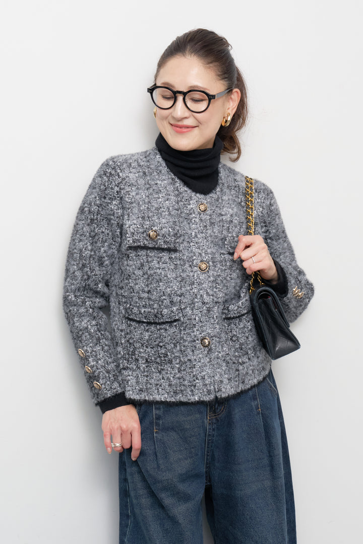 [SET]ミックスヤーン クラシックニットジャケット+カーブデニムパンツ(2set)