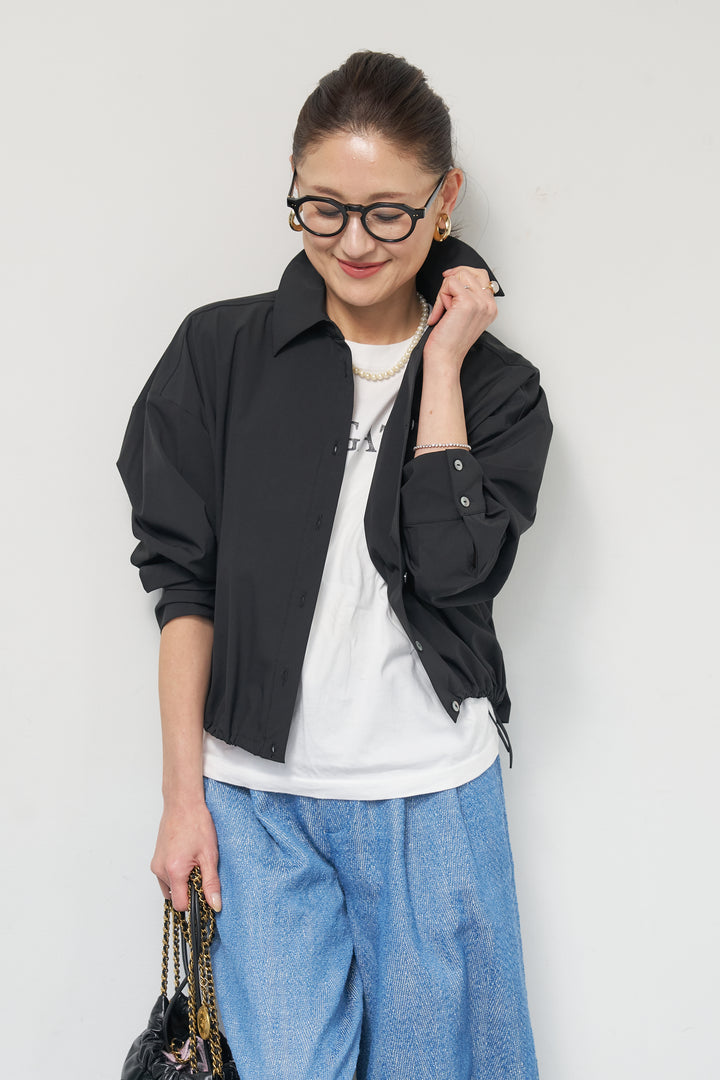 [SET]裾ドロストクロップドシャツ+デニムライクヘリンボーンパンツ(2set)