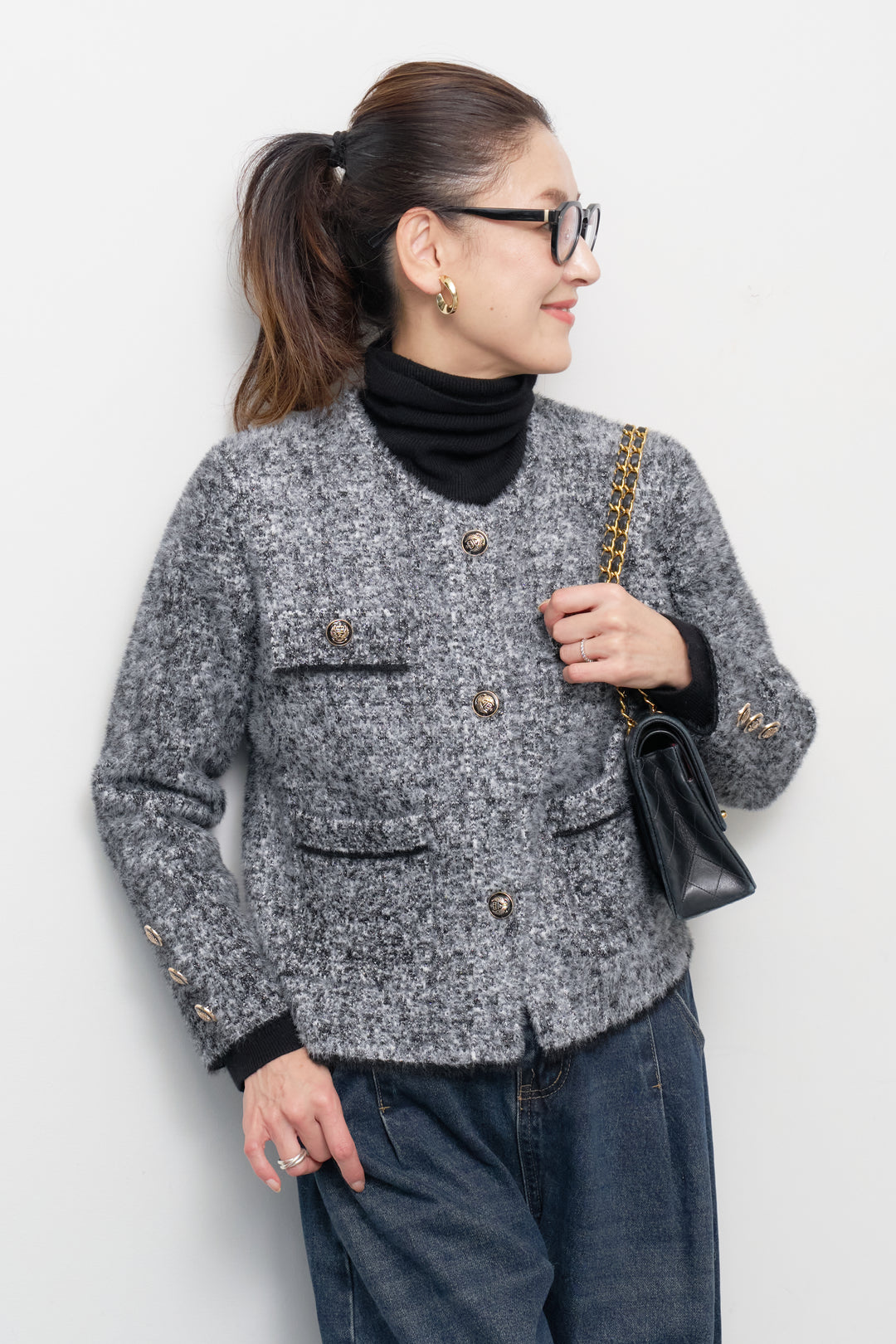 [SET]ミックスヤーン クラシックニットジャケット+カーブデニムパンツ(2set)