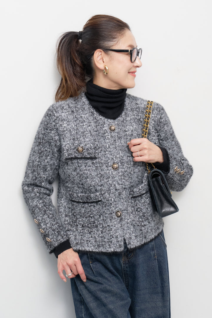 [SET]ミックスヤーン クラシックニットジャケット+カーブデニムパンツ(2set)