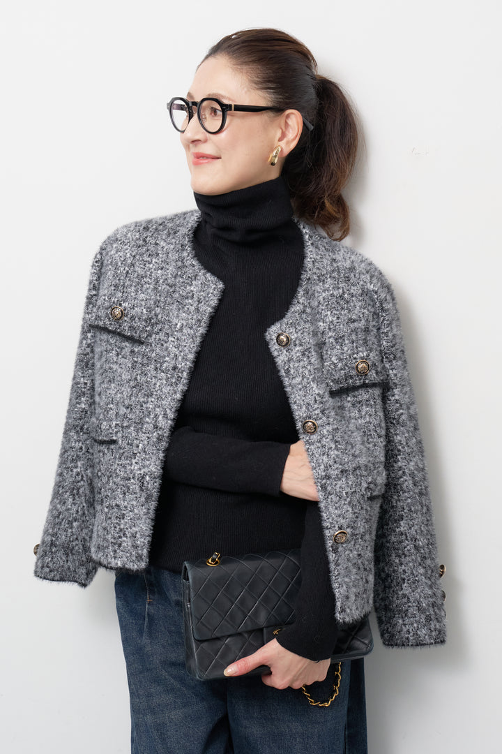 [SET]ミックスヤーン クラシックニットジャケット+カーブデニムパンツ(2set)