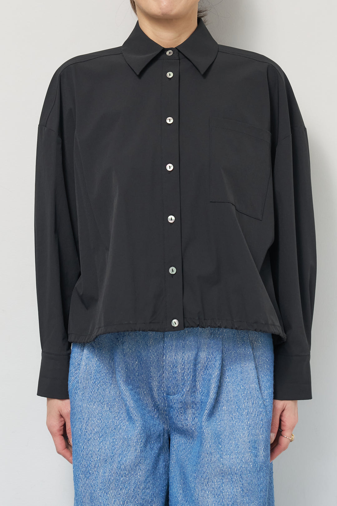 [SET]裾ドロストクロップドシャツ+デニムライクヘリンボーンパンツ(2set)