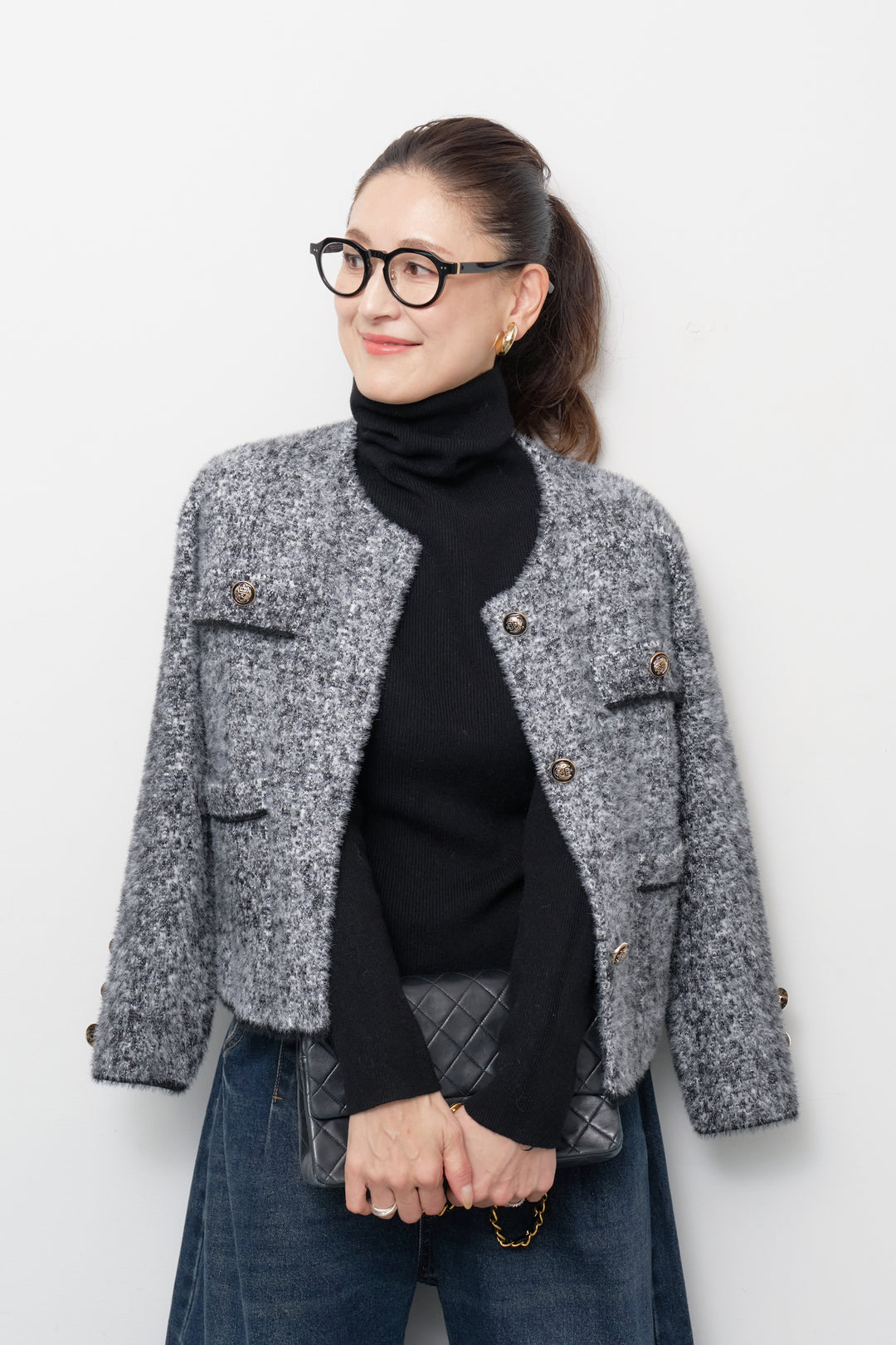 [SET]ミックスヤーン クラシックニットジャケット+カーブデニムパンツ(2set)