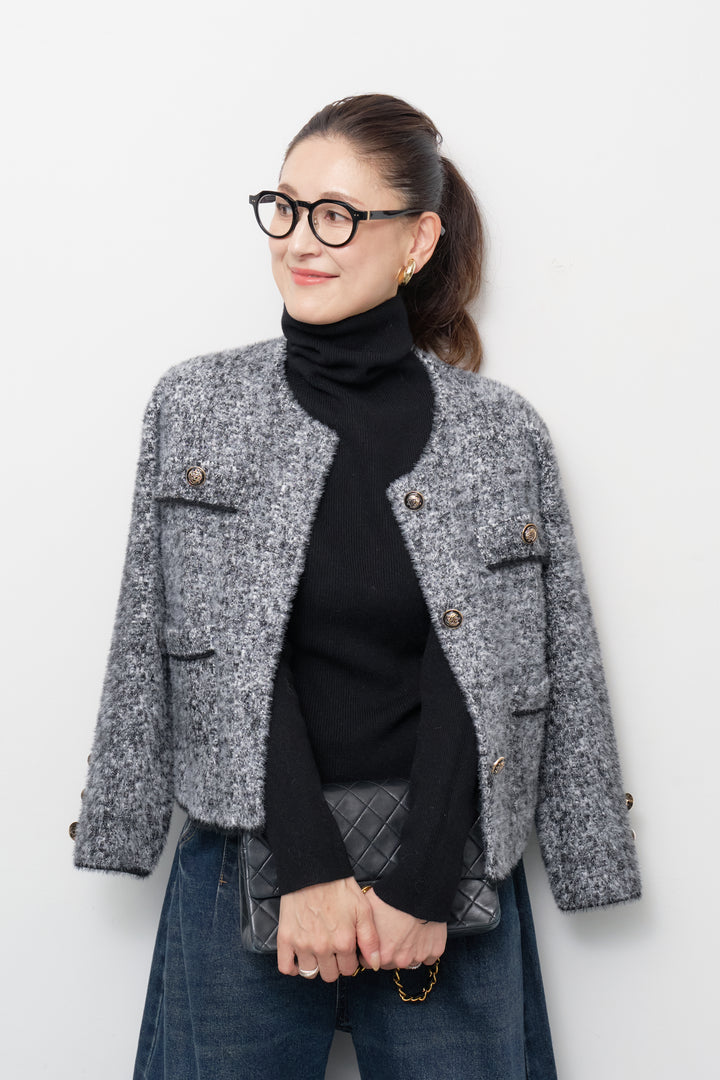 [SET]ミックスヤーン クラシックニットジャケット+カーブデニムパンツ(2set)