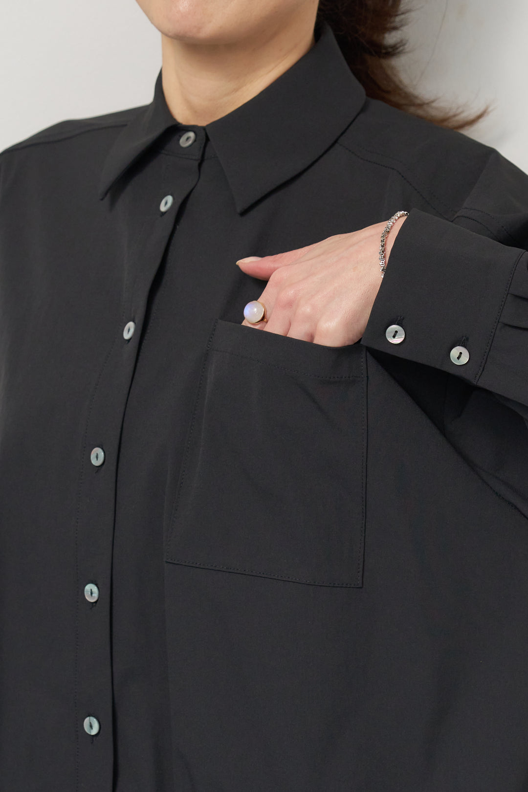 [SET]裾ドロストクロップドシャツ+デニムライクヘリンボーンパンツ(2set)