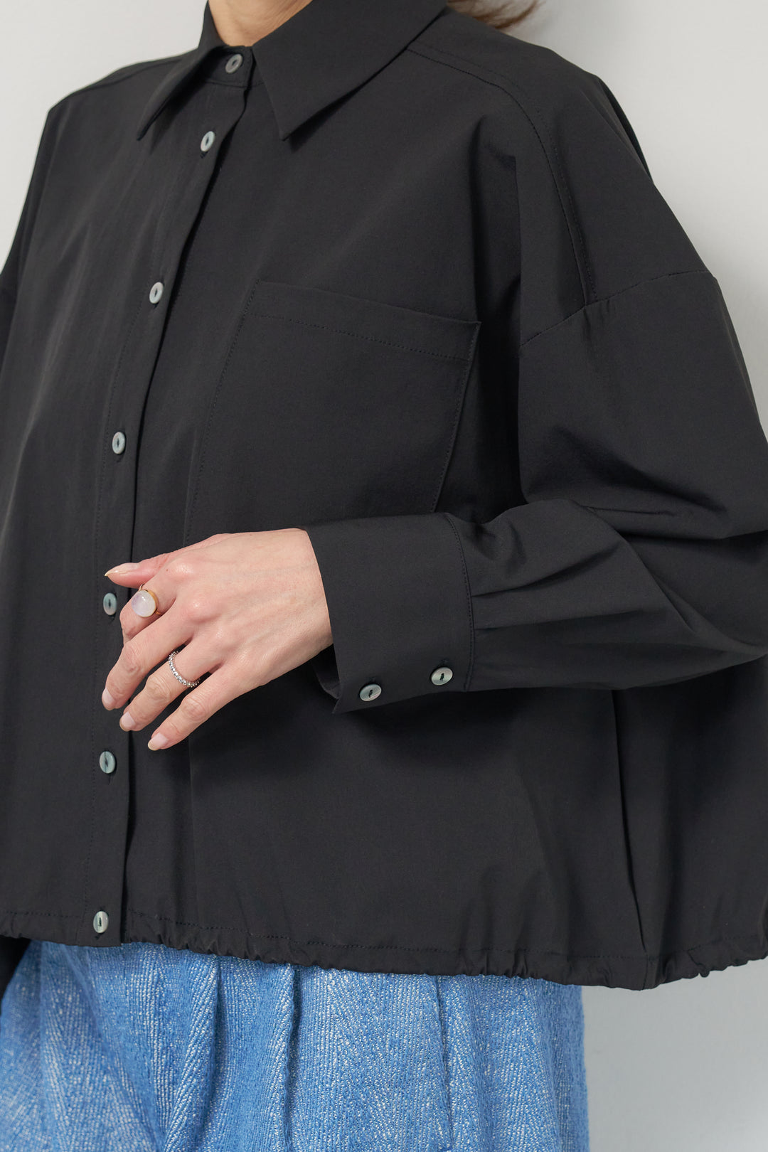 [SET]裾ドロストクロップドシャツ+デニムライクヘリンボーンパンツ(2set)