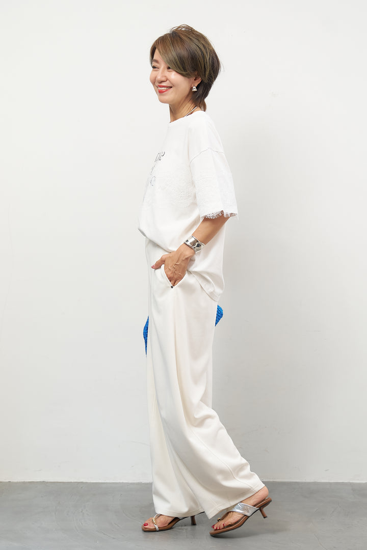 [SET]レース×ロゴプリント Tシャツ+フロントシームコクーンパンツ(2set)